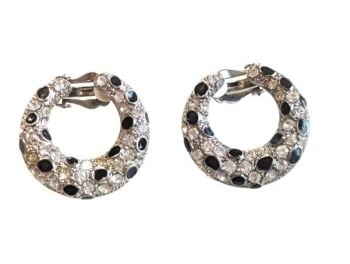 Cabouchon Leopard clip earrings with rhodium  plating, black onyx coloured stones and Austrian crystals.