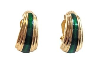 Vintage Cabouchon clip earrings with green enamel and gold plating