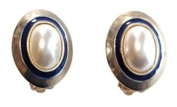 Vintage Cabouchon clip earrings with high quality faux pearls, blue enamel and gold plating