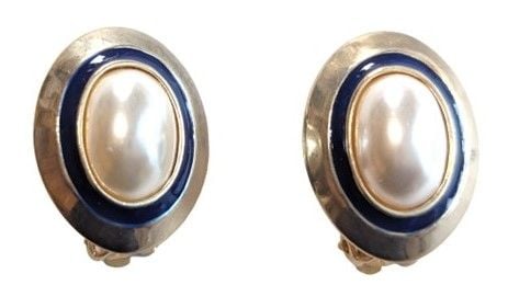 Vintage Cabouchon clip earrings with high quality faux pearls, blue enamel 