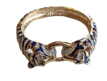 Vintage Cabouchon Tiger bangle with gold plating, blue enamel and Austrian crystals. Size large.