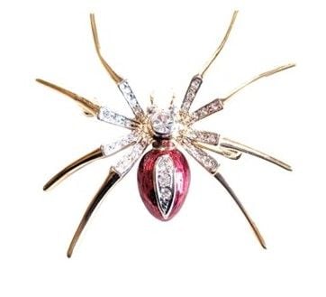 Vintage Cabouchon gold plated spider brooch with Austrian crystals and red enamel