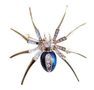 Vintage Cabouchon gold plated spider brooch with Austrian crystals and blue enamel