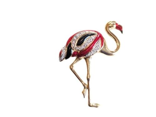 Vintage Cabouchon gold plated flamingo brooch with rhinestones and blue ena