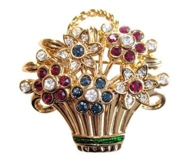 Vintage Cabouchon gold plated flowerpot brooch with Austrian crystals and red and blue diamantés.