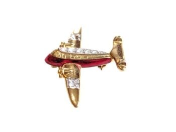 Vintage Cabouchon gold plated plane brooch with Austrian crystals and red enamel