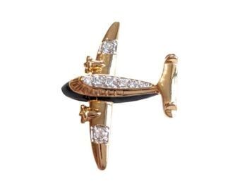 Vintage Cabouchon gold plated plane brooch with Austrian crystals and black enamel