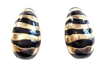 Vintage Cabouchon Zebra clip earrings with black enamel and gold plating