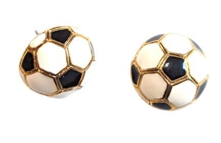 Cabouchon football earrings with gold  plating and black and white enamel, 