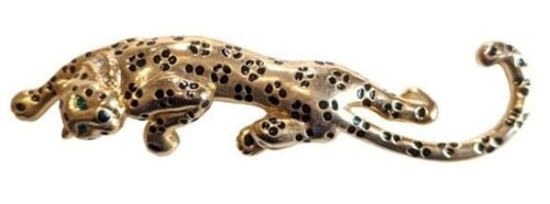 Vintage Cabouchon gold plated  leopard brooch with black enamel