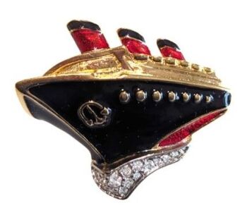 Vintage Cabouchon gold plated oceanliner brooch with Austrian crystals  and black and red enamel