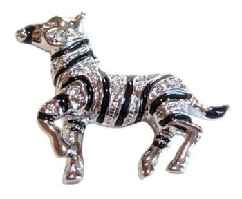 Vintage Cabouchon rhodium plated tac-pin with black enamel and Austrian crystals depicting a zebra