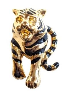 Vintage Cabouchon gold plated walking tiger brooch with black  enamel