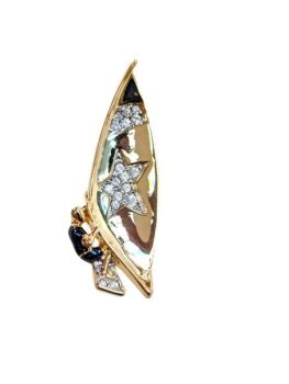 Vintage Cabouchon brooch with gold plating, blue enamel and Austrian crystals depicting a surfer.