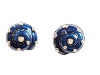 Cabouchon clip earrings with gold  plating , blue enamel and Austrian crystals from the Snail collection