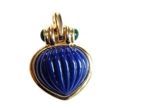 Vintage Cabouchon gold plated heart pendant with a blue stone and green sto