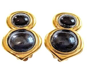 Cabouchon clip earrings with gold  plating and black onyx coloured stones