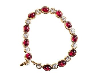 Vintage Cabouchon bracelet with gold plating, red stones and Austrian crystals.  Size medium.