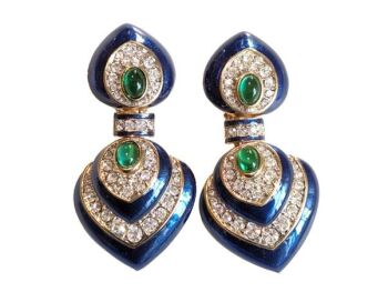 Cabouchon clip earrings with gold  plating, blue enamel, green stones and Austrian crystals