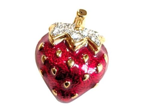 Vintage Cabouchon gold plated strawberry pendant with red enamel and rhines