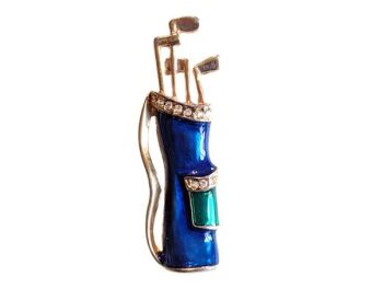 Vintage Cabouchon golf bag brooch with gold plating, blue and green enamel and Austrian crystals.