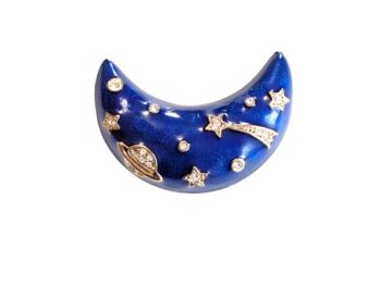 Vintage Cabouchon half moon brooch from the Astrology collection with gold plating, blue enamel and Austrian crystals