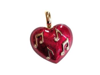 Double action vintage Cabouchon gold plated heart pendant / brooch from the Music collection with red enamel and Austrian crystals