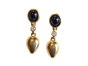 Cabouchon earrings with gold  plating, a sapphire coloured blue stone and Austrian crystals, for pierced ears