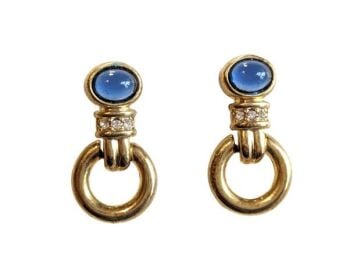 Cabouchon earrings with gold  plating, a sapphire coloured blue stone and Austrian crystals, for pierced ears