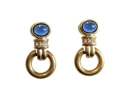 Cabouchon earrings with gold  plating, a sapphire coloured blue stone and r