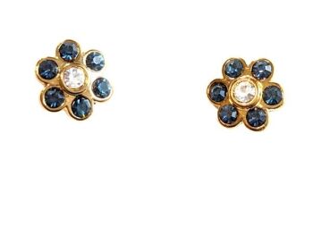 Cabouchon earrings with gold  plating, a sapphire coloured blue stone and Austrian crystals, for pierced ears