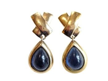 Cabouchon clip earrings with gold  plating and blue stone.