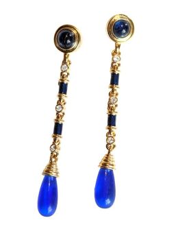 Cabouchon earrings with gold  plating, blue stones, blue enamel and Austrian crystals, for pierced ears