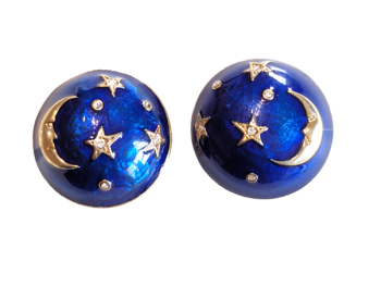 Cabouchon Astrology clip earrings with gold  plating, blue enamel and Austrian crystals