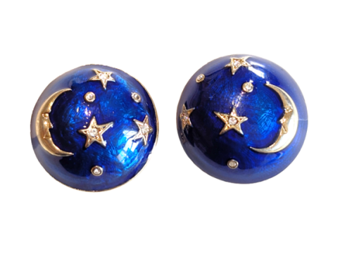 Cabouchon Astrology clip earrings with gold  plating, blue enamel and rhine