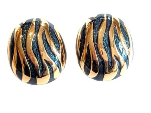 Cabouchon clip earrings with gold  plating and blue enamel