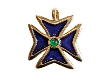 Double action vintage Cabouchon gold plated pendant / brooch  with blue enamel and a green stone