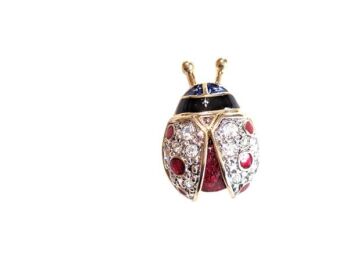 Vintage Cabouchon ladybird tac pin with gold plating, black enamel, Austrian crystals and red diamantés