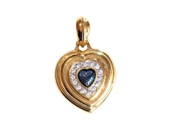 Vintage Cabouchon gold plated heart pendant  with a blue stone and Austrian crystals