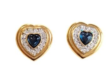 Cabouchon heart earrings with gold  plating, blue stones and Austrian crystals, for pierced ears