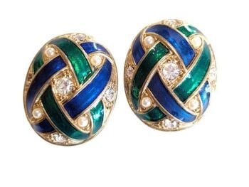 Cabouchon earrings with gold  plating, green and blue enamel and Austrian crystals, for pierced ears