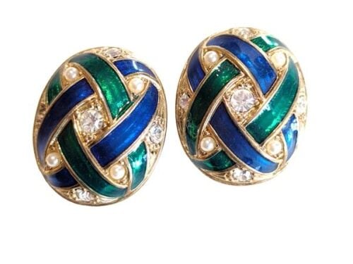 Cabouchon earrings with gold  plating, green and blue enamel and rhinestone