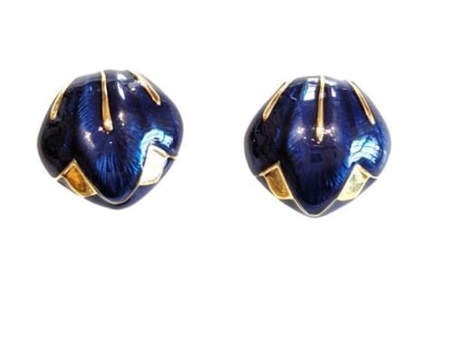 Cabouchon earrings with gold  plating and blue enamel, for pierced ears