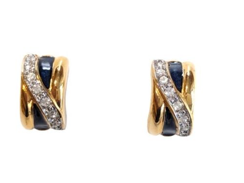 Cabouchon earrings with gold  plating, blue enamel and rhinestones, for pie