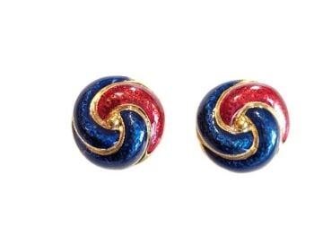 Cabouchon clip earrings with gold  plating and blue and red enamel