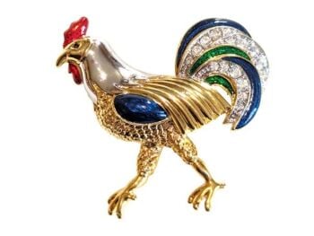 Vintage Cabouchon cockerel brooch with gold plating, red blue and green enamel  and Austrian crystals.