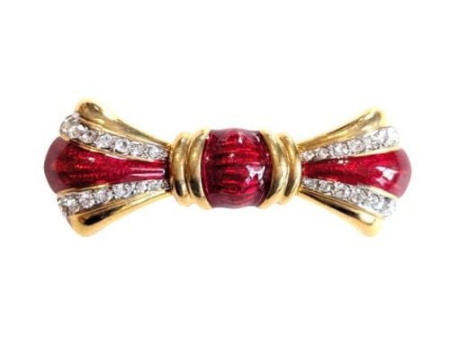 Vintage Cabouchon  bow brooch with gold plating, red enamel and rhinestones