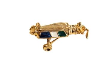 Vintage Cabouchon  gold plated golf bag brooch with blue, green and white enamel