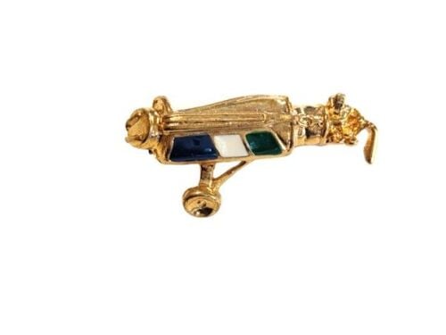 Vintage Cabouchon  gold plated golf bag brooch with blue, green and white e