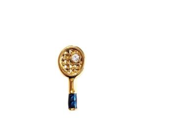 Vintage Cabouchon  tennis racket  tac-pin with gold plating, blue enamel and an Austrian crystal